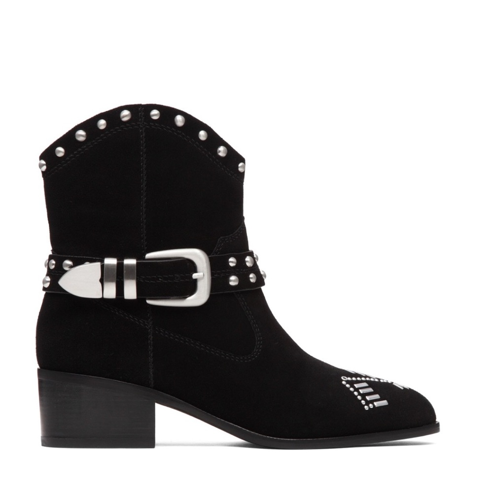 Black Cowboy Western Buckle Studded Suede Boots - Picture 2 of 4